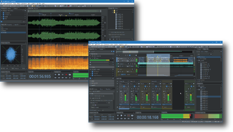 Soundop screenshots showing audio mastering in the audio editor and a multitrack mixing session.